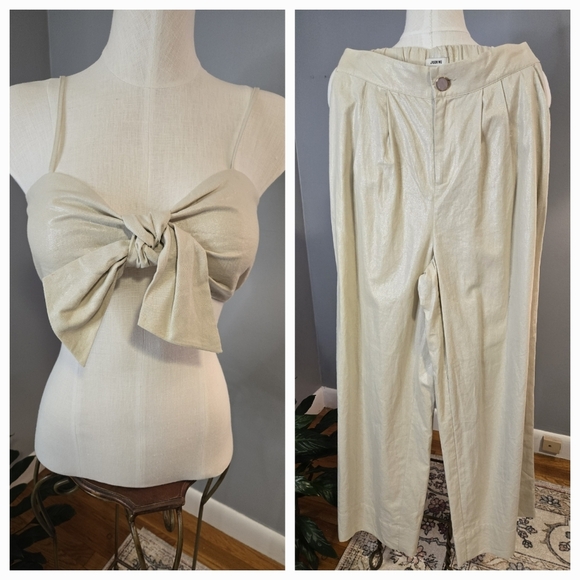 Jason Wu Tan Shimmer 2 Piece Linen Wide Leg Pant and Bow Crop Top Size S - Picture 1 of 16